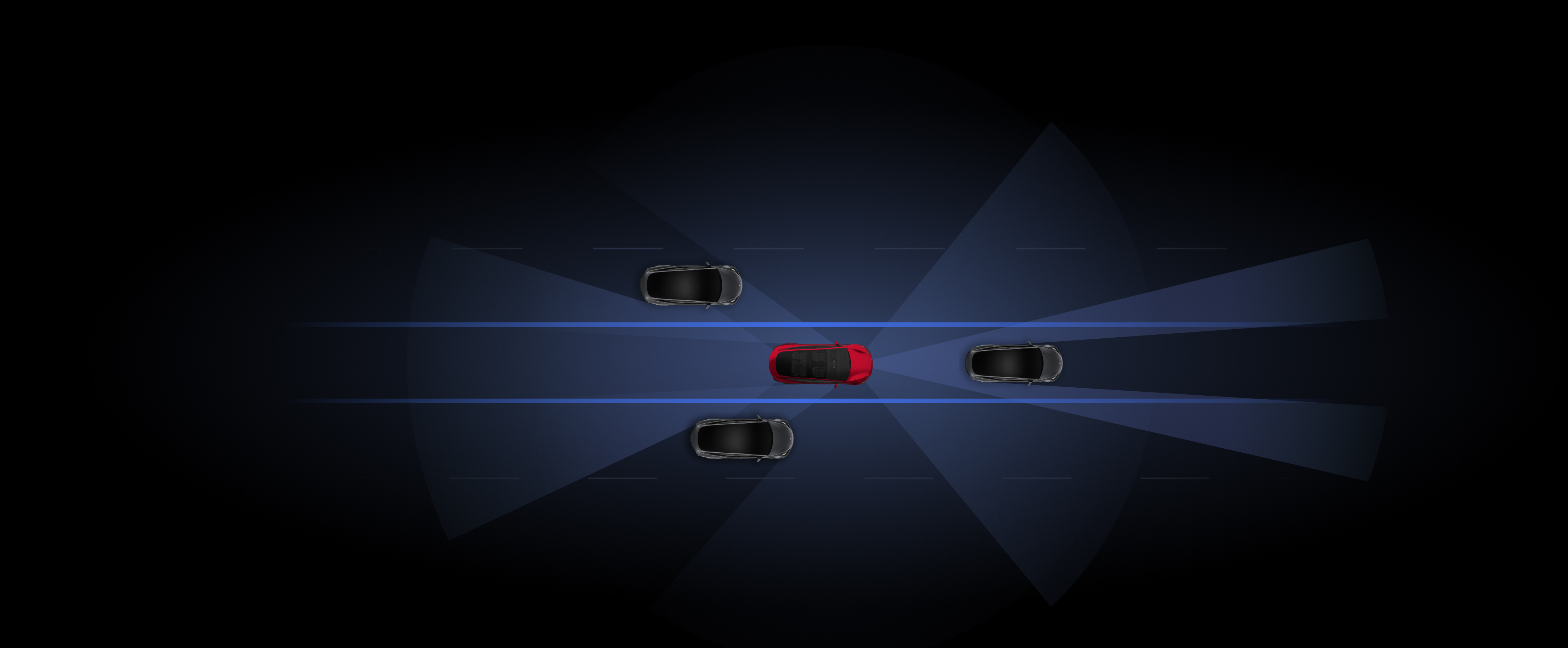 Renderovaná vizualizace vozidel Tesla v šedé a červené barvě využívajících funkce Autopilot. 