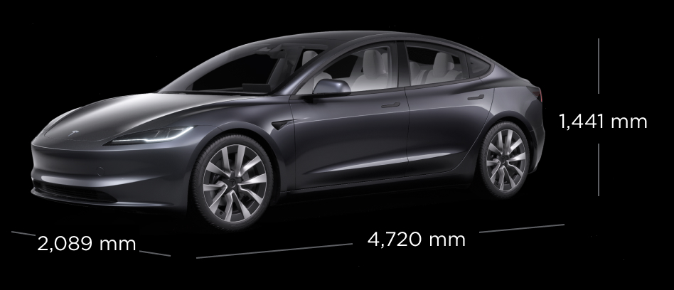 Zijaanzicht van een Model 3 in de kleur Stealth Grey, met de afmetingen.