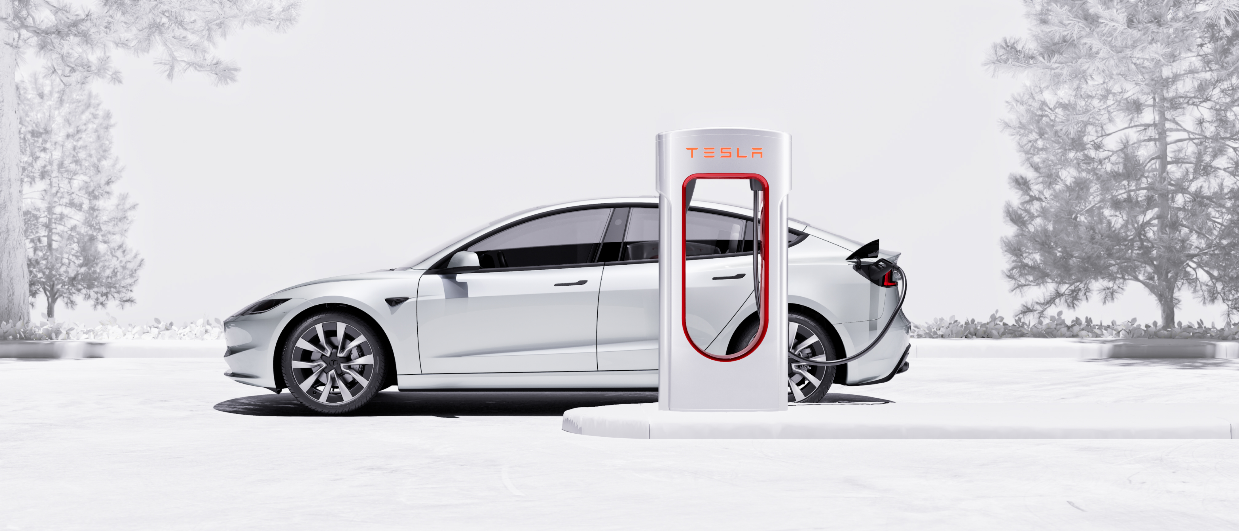 سيارة Model 3 بلون أبيض يتم شحنها باستخدام Supercharger.