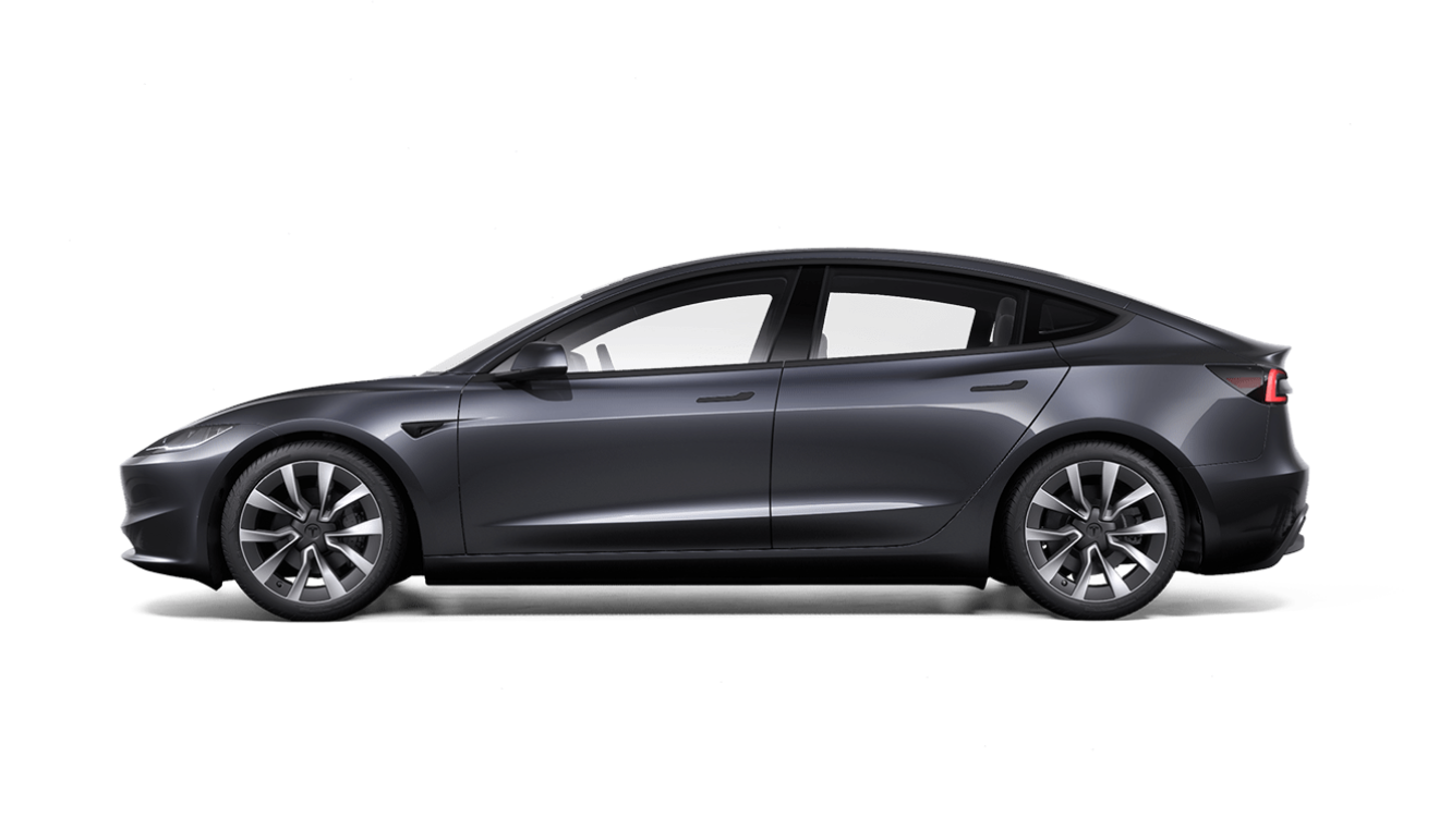 Pohled zboku na vůz Model 3 v barvě Stealth Gray.